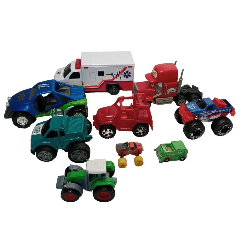 Mixed Lot of 9 Toy Cars Diecast & Plastic Vehicles Trucks Jeep Ambulance Vintage